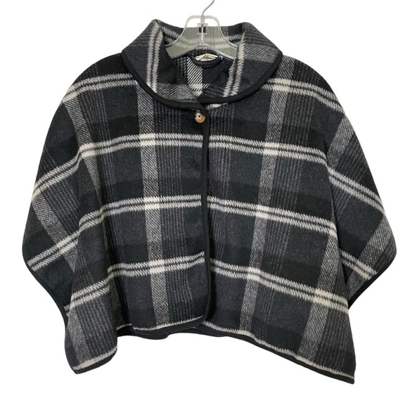 Wool blend plaid tartan checkered cropped poncho shawl jacket topper S - Picture 3 of 17
